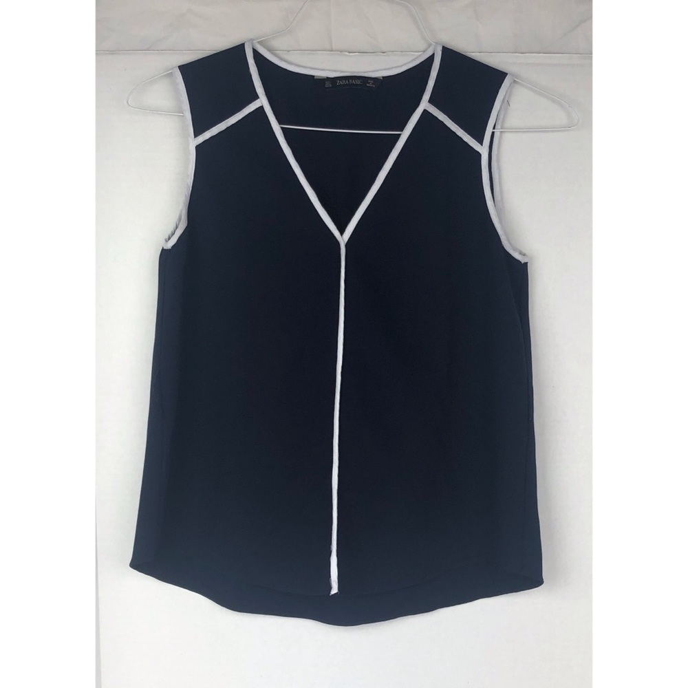 Zara Basics Navy Sleeveless Blouse White Piping